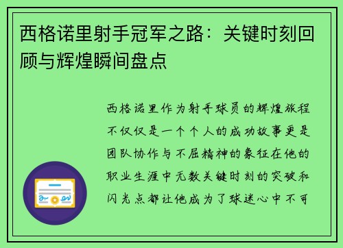 西格诺里射手冠军之路：关键时刻回顾与辉煌瞬间盘点