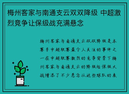 梅州客家与南通支云双双降级 中超激烈竞争让保级战充满悬念