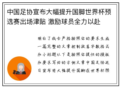中国足协宣布大幅提升国脚世界杯预选赛出场津贴 激励球员全力以赴